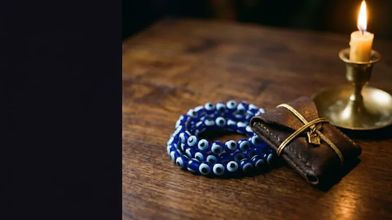 Blue evil eye bead bracelet coiled beside a leather taweez pouch and a candle, illustrating evil eye protection