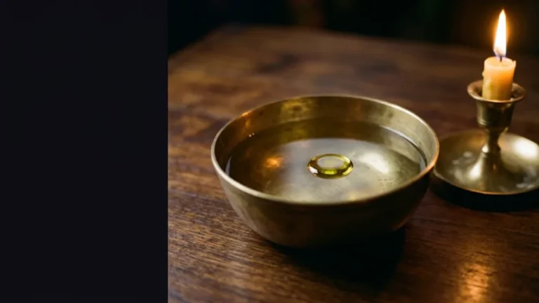 Brass bowl of clean water with a drop of olive oil beside a candle, illustrating how to remove evil eye with ruqyah water