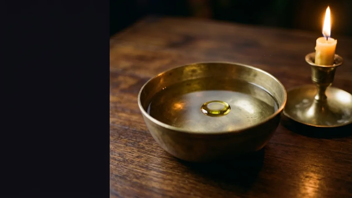 Brass bowl of clean water with a drop of olive oil beside a candle, illustrating how to remove evil eye with ruqyah water